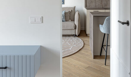 Diagonally Laid Wood Flooring Creates a Dynamic, Vibrant Interior