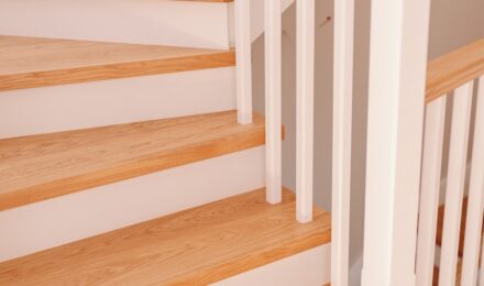Chevron parketo grindys, mediniai laiptai ir skandinaviško stiliaus durys - derinys, suteikiantis kambariui modernumo.