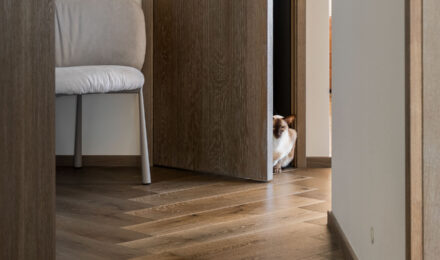 Sophisticated Simplicity: Herringbone Parquet Paired With Modern Velvet Doors