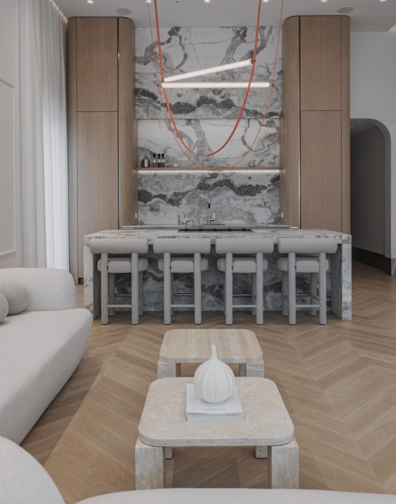 Subtle Dynamics: Chevron Oak Flooring in a Calm, Minimalist Interior