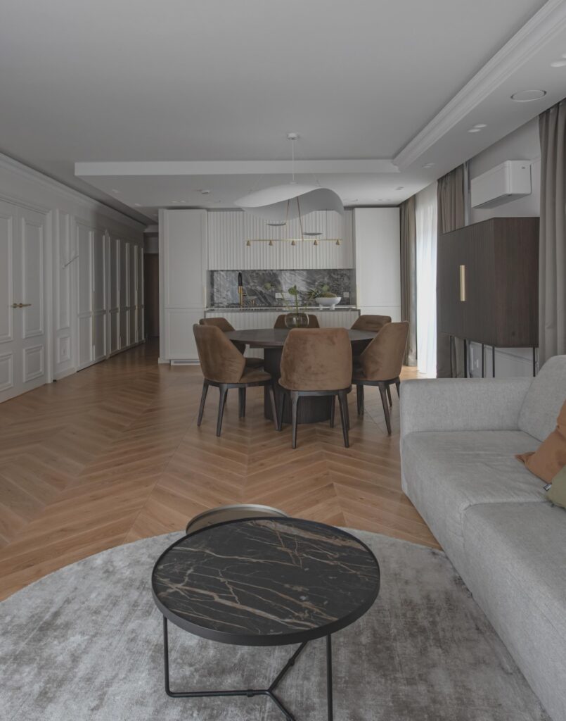 The Rhythm of White: Chevron Oak Flooring as the Heart of the Interior